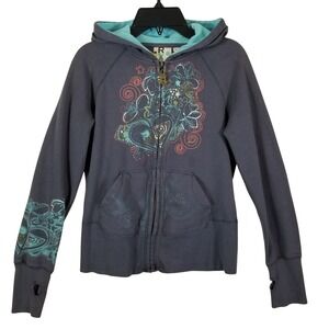 Roxy Womens Full Zip Hoodie Y2K Gray Graphic Surf Heart Star Waffle Hood Small